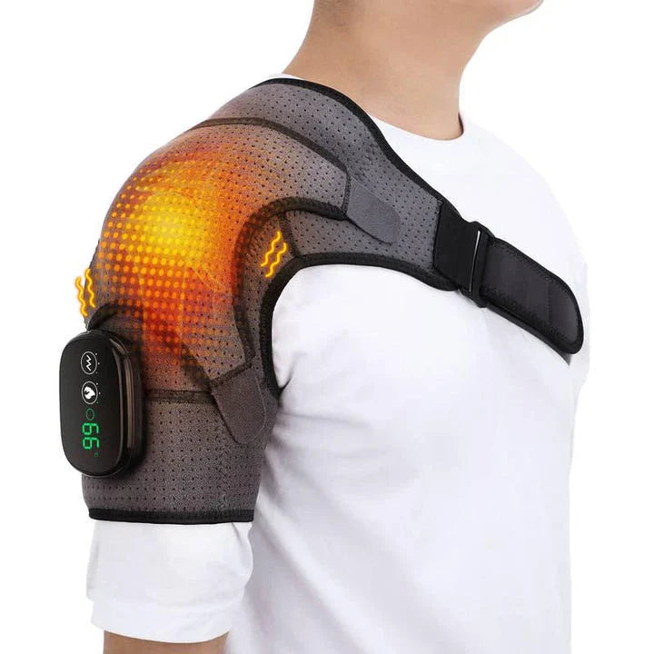 3-Level Heated Vibrating Shoulder Massager for Pain Relief and Rehabilitation, featuring heat therapy, magnetic therapy, and vibration massage functions.