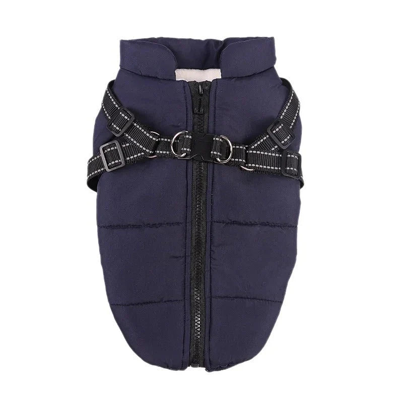 A stylish and practical waterproof dog coat with a built-in harness, designed to keep your pet warm, dry, and safe during outdoor activities.