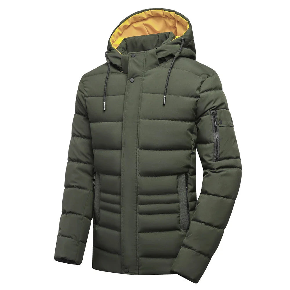 Premium men's hooded jacket with fleece lining, detachable hood, and side pockets for warmth and versatility in New Zealand winters