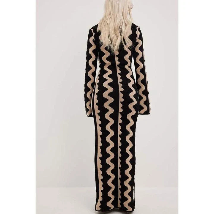 Elegant striped knit midi dress with O-neck design, featuring a flattering slim fit and comfortable ankle-length cut for the modern Kiwi woman.