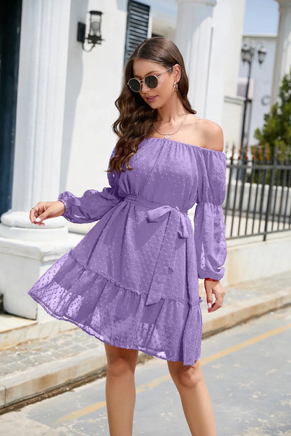 Stylish one-shoulder chiffon dress with bubble dot ruffle design and tie-waist silhouette