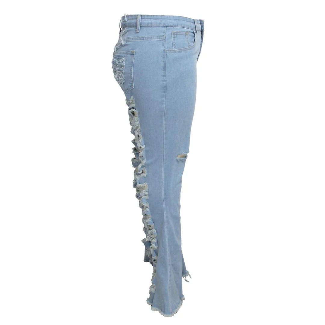 Stylish stretch denim flare jeans in black and light blue colors, featuring a high-waisted, bell-bottom design for a flattering, retro-inspired look.