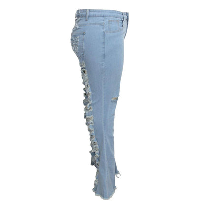 Stylish stretch denim flare jeans in black and light blue colors, featuring a high-waisted, bell-bottom design for a flattering, retro-inspired look.