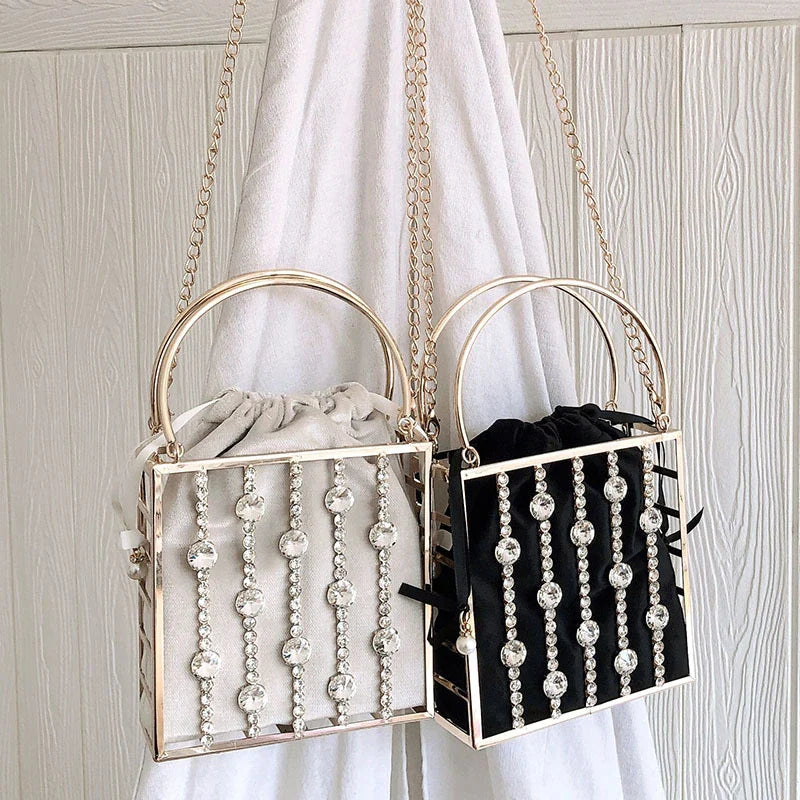 A stylish Kiwi-designed diamond-studded dinner bag with metallic accents, showcasing a range of premium features like lace, plaid, and sequins.