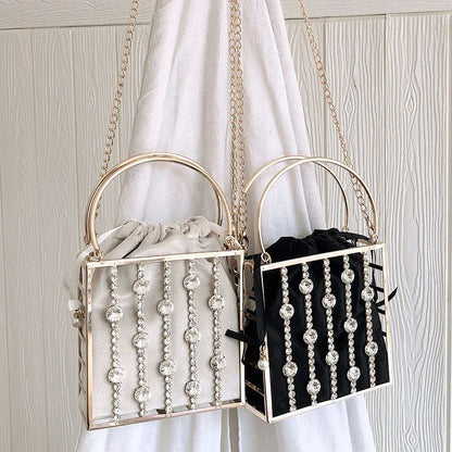 A stylish Kiwi-designed diamond-studded dinner bag with metallic accents, showcasing a range of premium features like lace, plaid, and sequins.