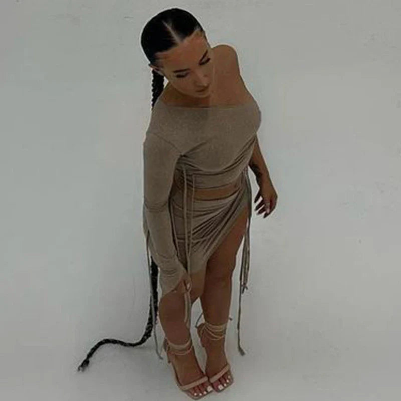 A stylish one-shoulder top and drawstring skirt set made from premium milk silk fabric, perfect for elevating your casual wardrobe.