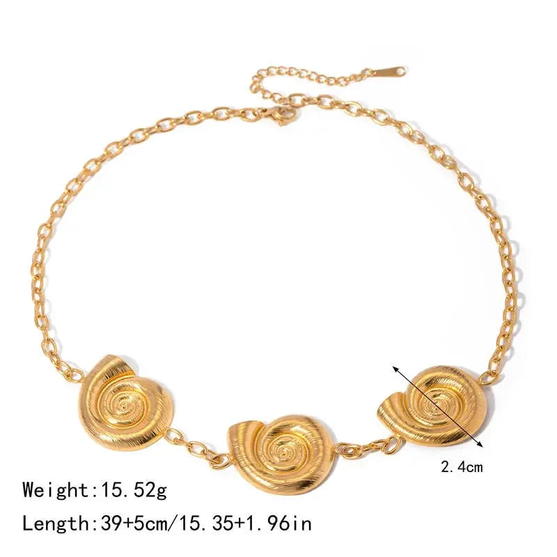 Elegant 18K gold-plated geometric spiral pendant necklace with intricate design and waterproof, hypoallergenic construction