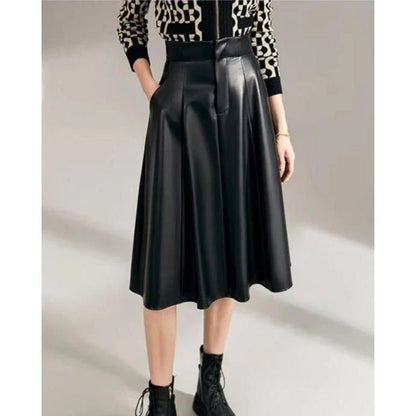 High Waist A-Line Black PU Leather Skirt with Knee-Length Design for Kiwi Women