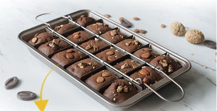 A heavy-duty steel brownie baking pan with a non-stick Teflon coating, perfect for creating delicious homemade treats in any Kiwi kitchen.