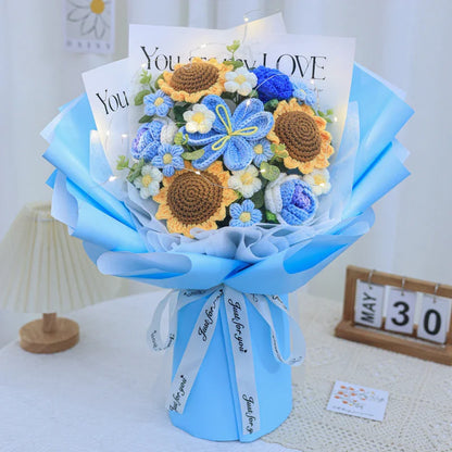 Stunning knitted flower bouquet with vibrant, candied flowers and LED lighting