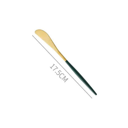 A set of eco-friendly, minimalist tableware in green and gold colors, suitable for 4 diners in a New Zealand home.