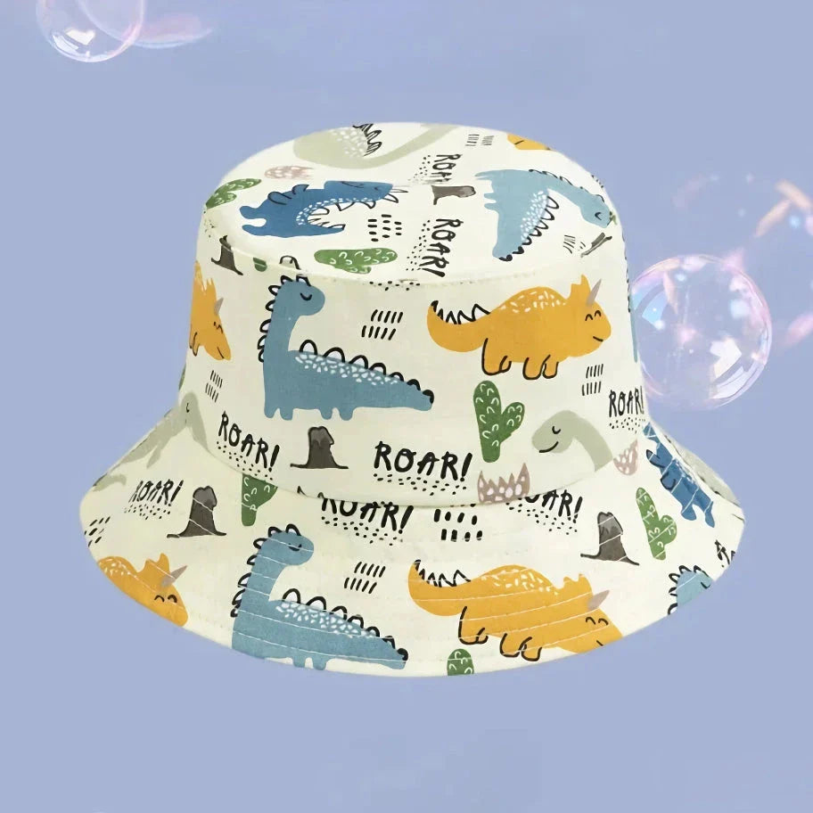 Adorable cartoon-printed cotton baby sun hat with adjustable drawstring for secure fit and wide brim for UV protection