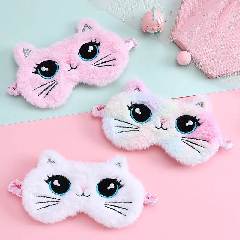 Cosy Kiwi Cutie plush sleep mask with adorable big eyes cat design and adjustable strap for comfort