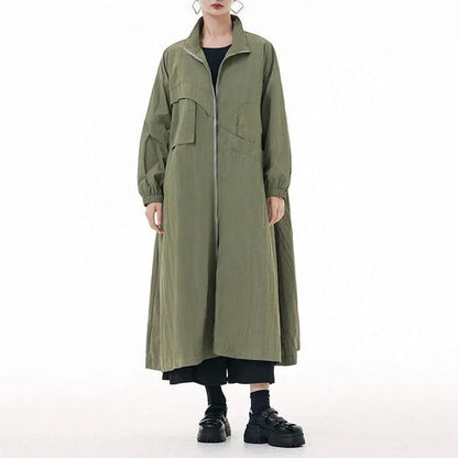 Stylish Army Green Trench Coat with Mandarin Collar, Zipper Closure, and Functional Pockets for Kiwi Fashionistas