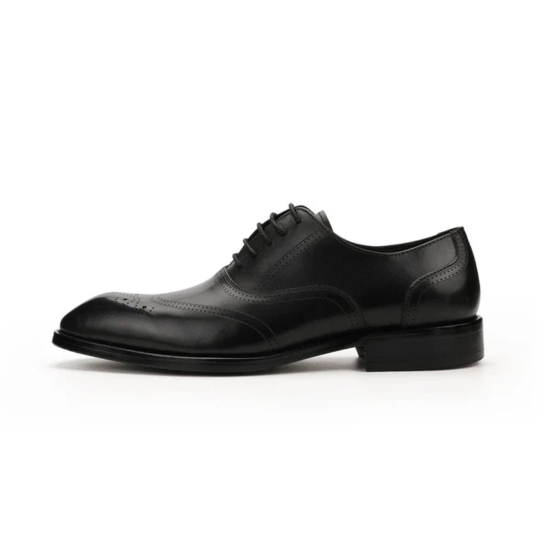 Stylish men's leather dress shoes with engraved pattern and retro-inspired square toe design