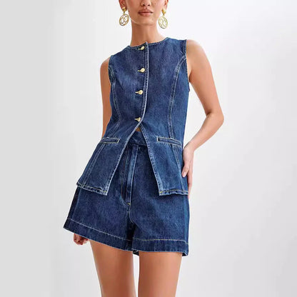 Stylish denim vest and high-waisted shorts set in a contemporary Kiwi-inspired design, perfect for summer fashion