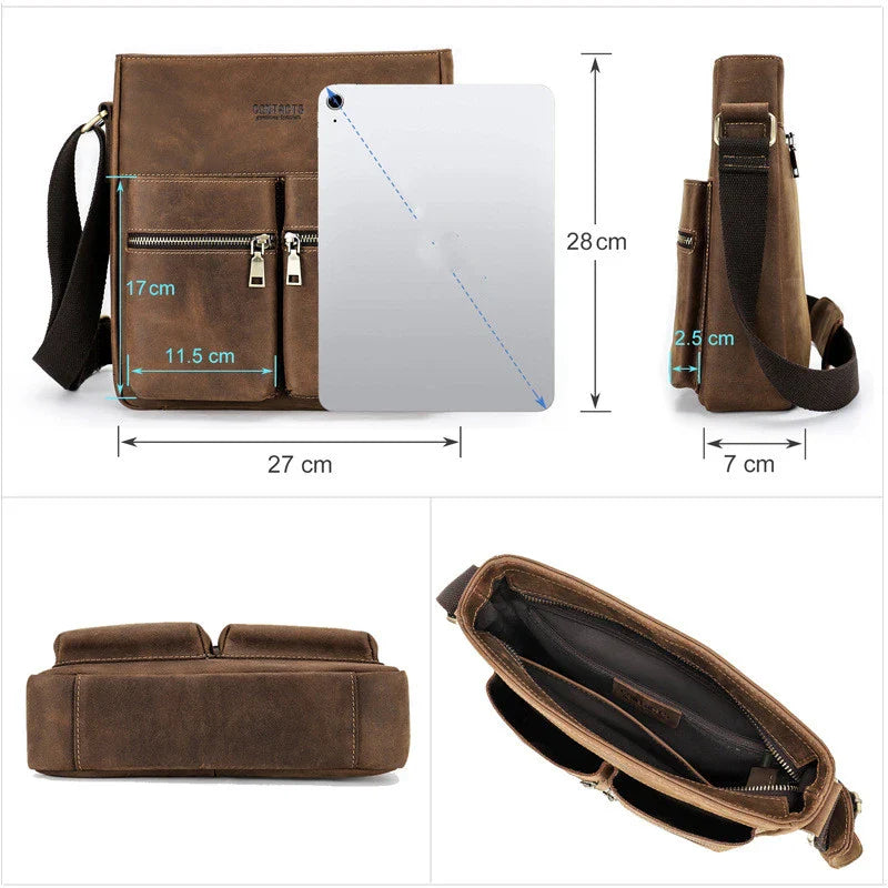 Premium retro leather messenger bag with single adjustable shoulder strap, multiple interior pockets, and classic coffee color for New Zealand men