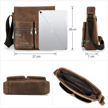 Premium retro leather messenger bag with single adjustable shoulder strap, multiple interior pockets, and classic coffee color for New Zealand men