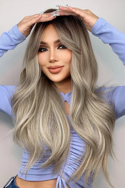Stylish 26-inch long wave synthetic wig in silver/gray color with comfortable basic cap construction