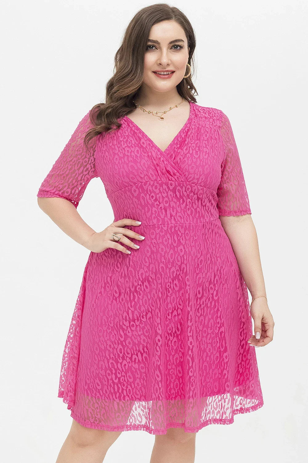 Stylish relaxed-fit v-neck lace dress in rose red color, featuring a flattering A-line silhouette and premium polyester fabric