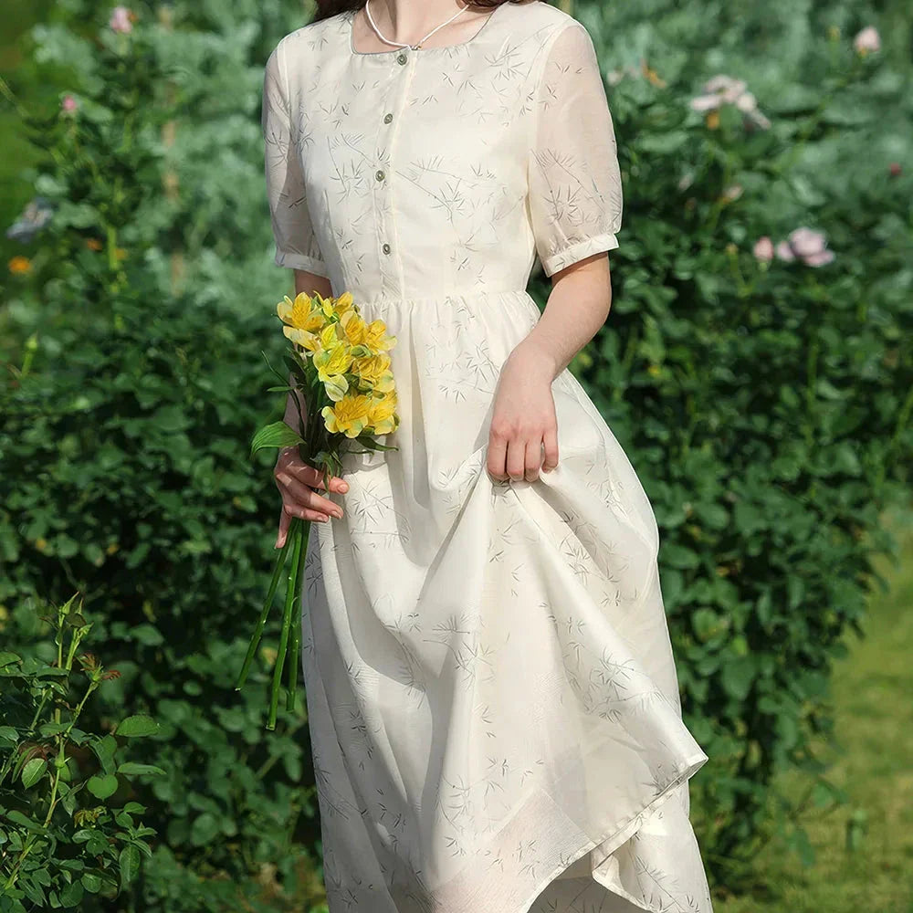 Elegant floral print French-inspired summer dress with square neckline and short sleeves for Kiwi women