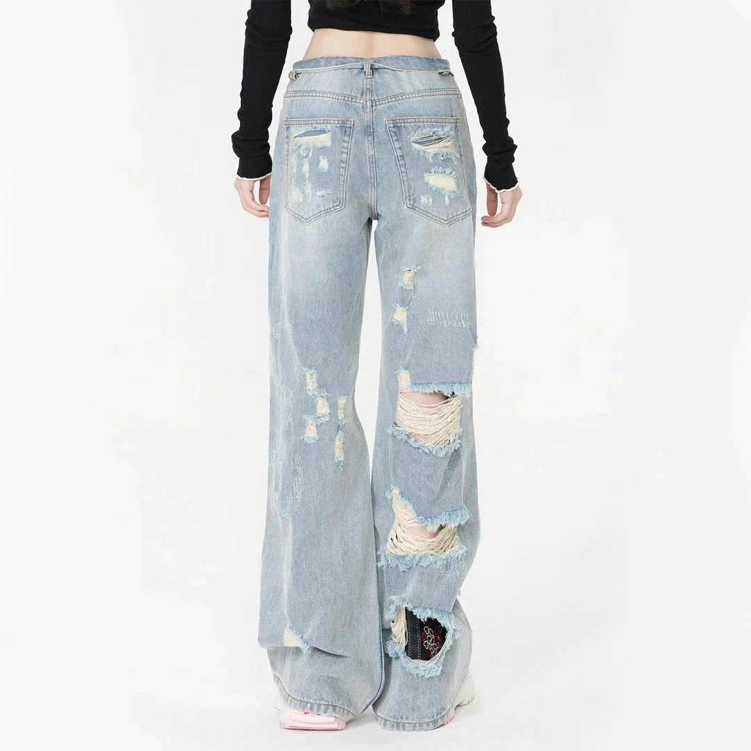 Light blue high-waist chic straight jeans with unique stripe fabric and subtle details