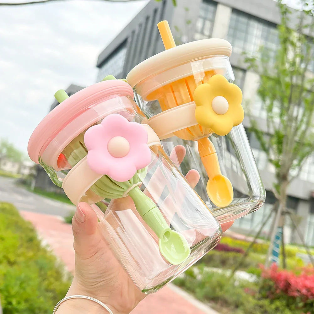 Flower Glass Cup with Infuser and Straw - Vintage-Inspired Drinkware for Charming Hydration