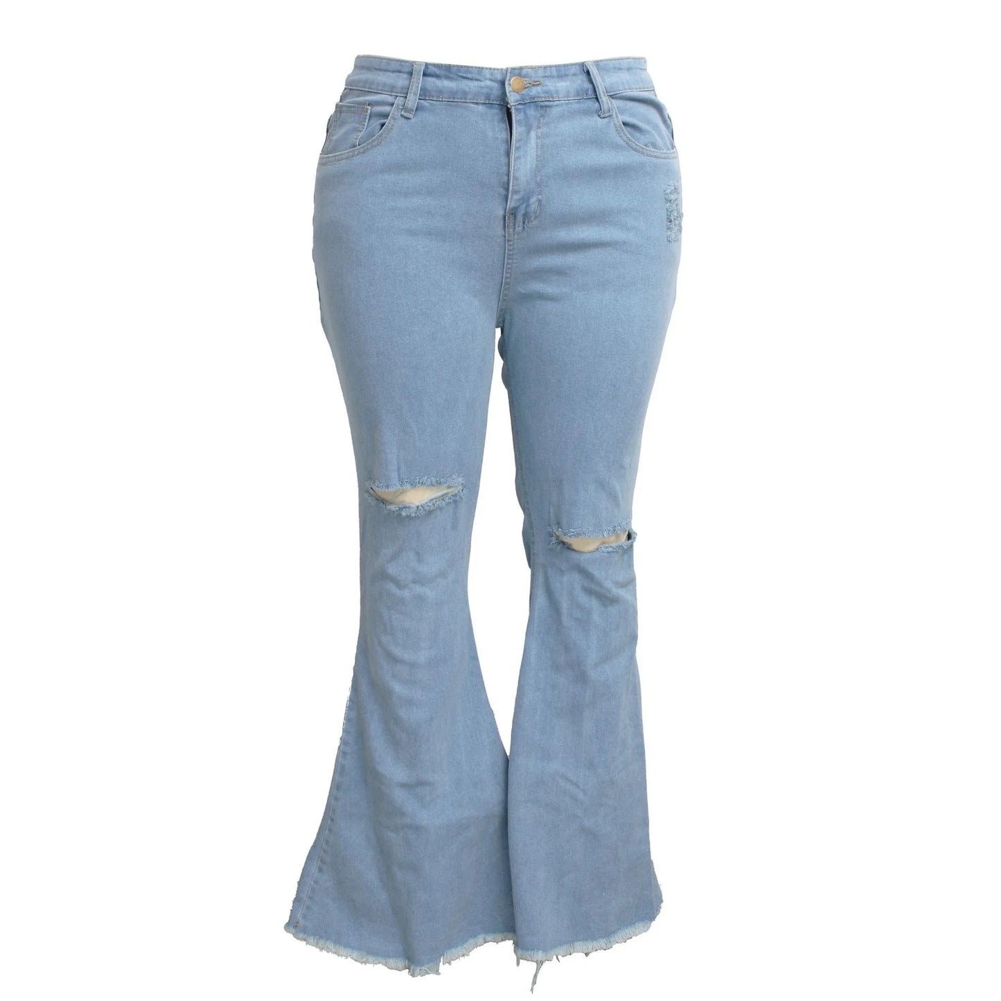 Stylish stretch denim flare jeans in black and light blue colors, featuring a high-waisted, bell-bottom design for a flattering, retro-inspired look.