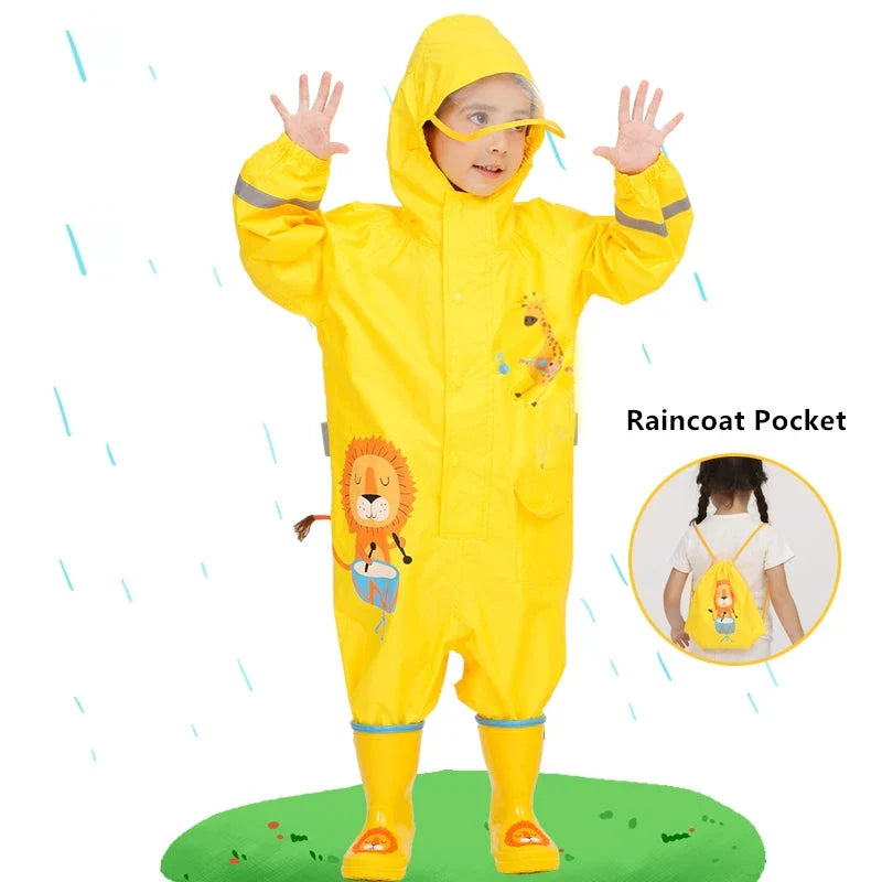 Waterproof dinosaur-themed rain jumpsuit for Kiwi kids, featuring a vibrant cartoon print and durable, protective materials