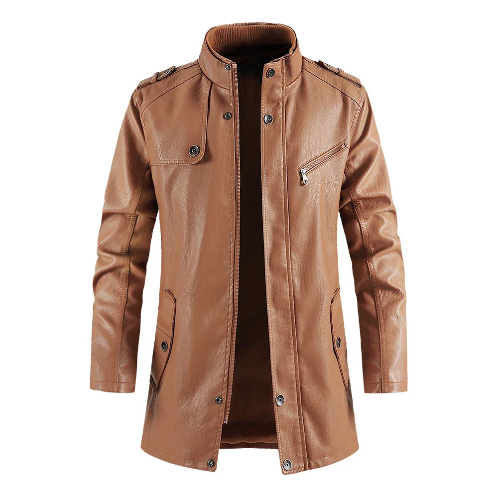 A stylish leather jacket with a standing collar, designed for the modern Kiwi man's casual and formal wear needs.