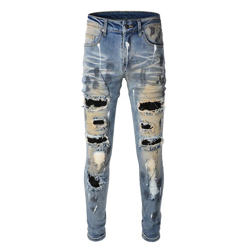Vintage-inspired jeans with rhinestone and ink splash detailing, perfect for the modern Kiwi lifestyle
