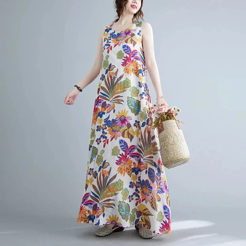 Elegant floral print cotton linen long dress with a classic O-neck and flattering A-line silhouette, perfect for Kiwi women's warm-weather style