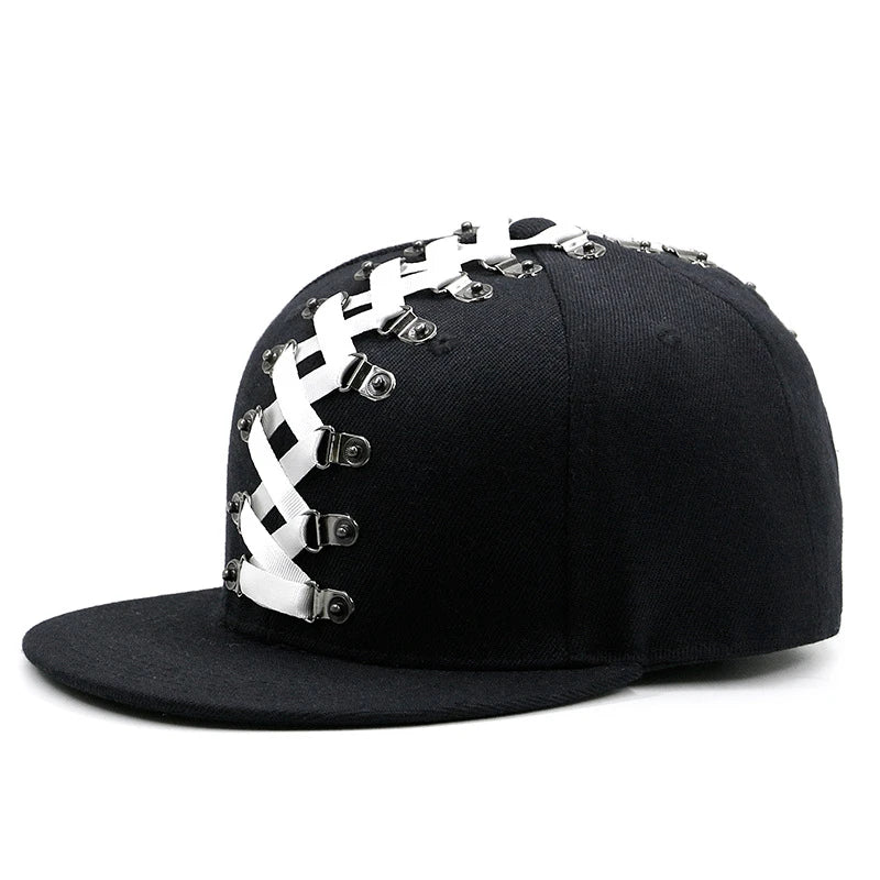 Stylish Punk Hip Hop Baseball Cap with Flat Brim, Adjustable Size, and Handcrafted Rivets