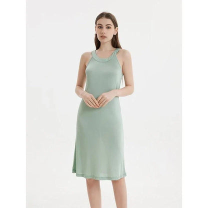Elegant silk-blend halter midi dress in green and white, perfect for Kiwi women's summer fashion