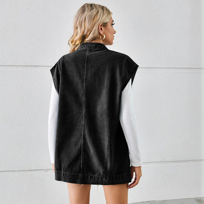 Trendha Denim Vest with Big Pockets - A stylish and functional sleeveless outwear piece for Kiwi women