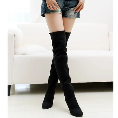 Pointed over-the-knee stretch high heel boots in a stylish grey color