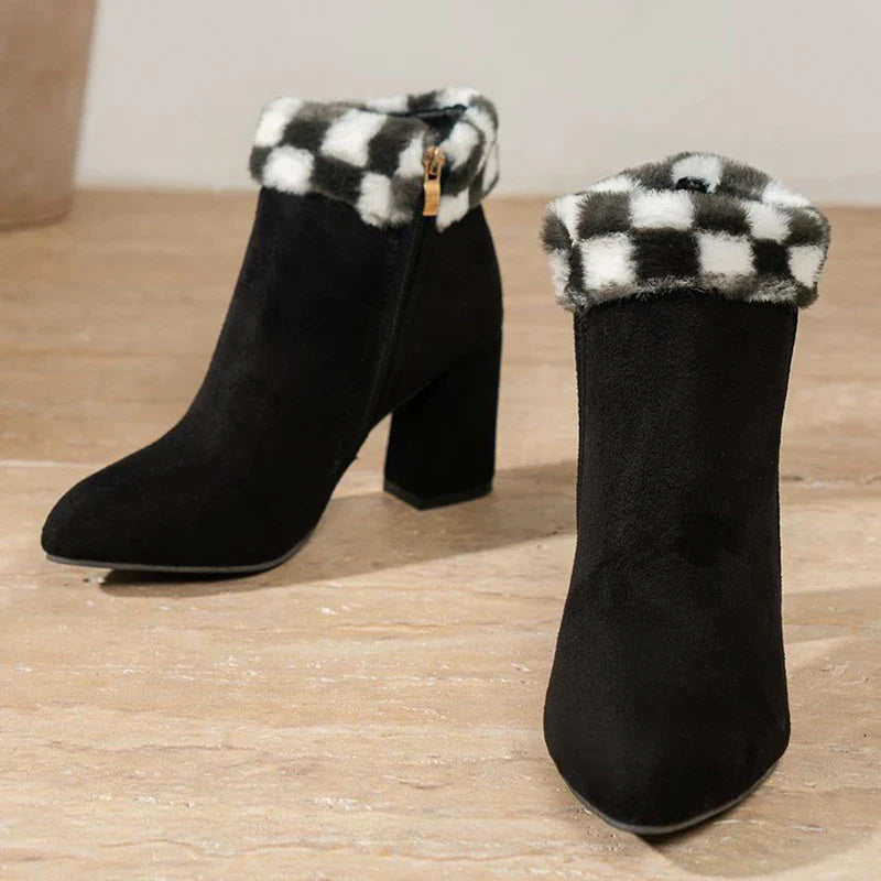 A pair of stylish plaid print plush ankle boots with a square heel, designed for warm and comfortable winter wear.