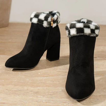 A pair of stylish plaid print plush ankle boots with a square heel, designed for warm and comfortable winter wear.