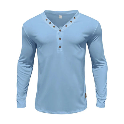 Sleek and stylish slim-fit buttoned v-neck top for the modern Kiwi man, featuring premium synthetic fabric and a versatile design.