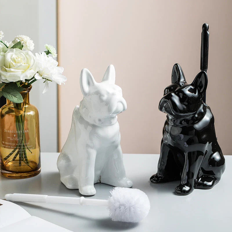 A creative dog-shaped toilet brush with a ceramic base, designed to clean and decorate Kiwi bathrooms