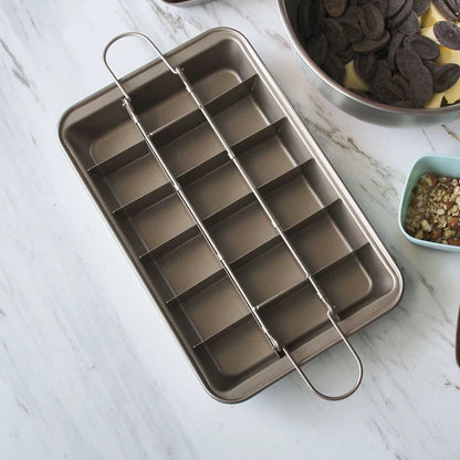 A heavy-duty steel brownie baking pan with a non-stick Teflon coating, perfect for creating delicious homemade treats in any Kiwi kitchen.