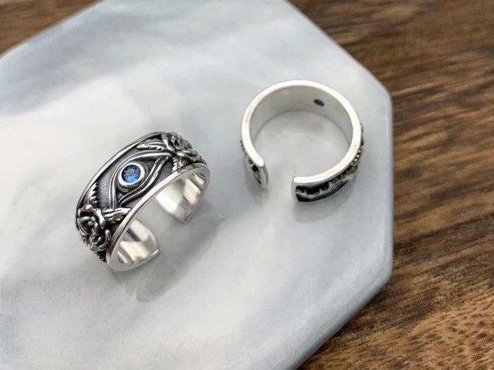 A premium silver ring featuring a striking Horus eye motif, designed for the Kiwi bloke who wants to add a touch of ancient Egyptian flair to their style.