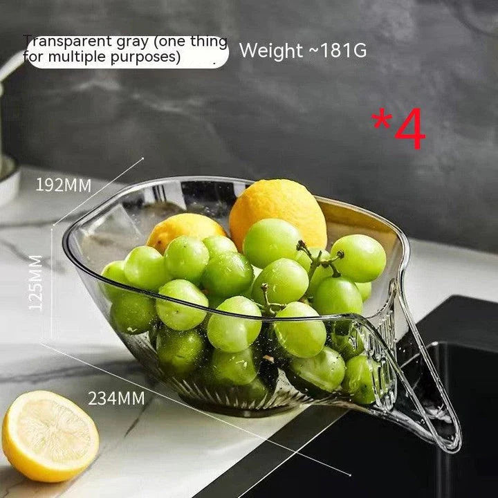 Self-draining dish and fruit washing basin with transparent drain basket and modern design