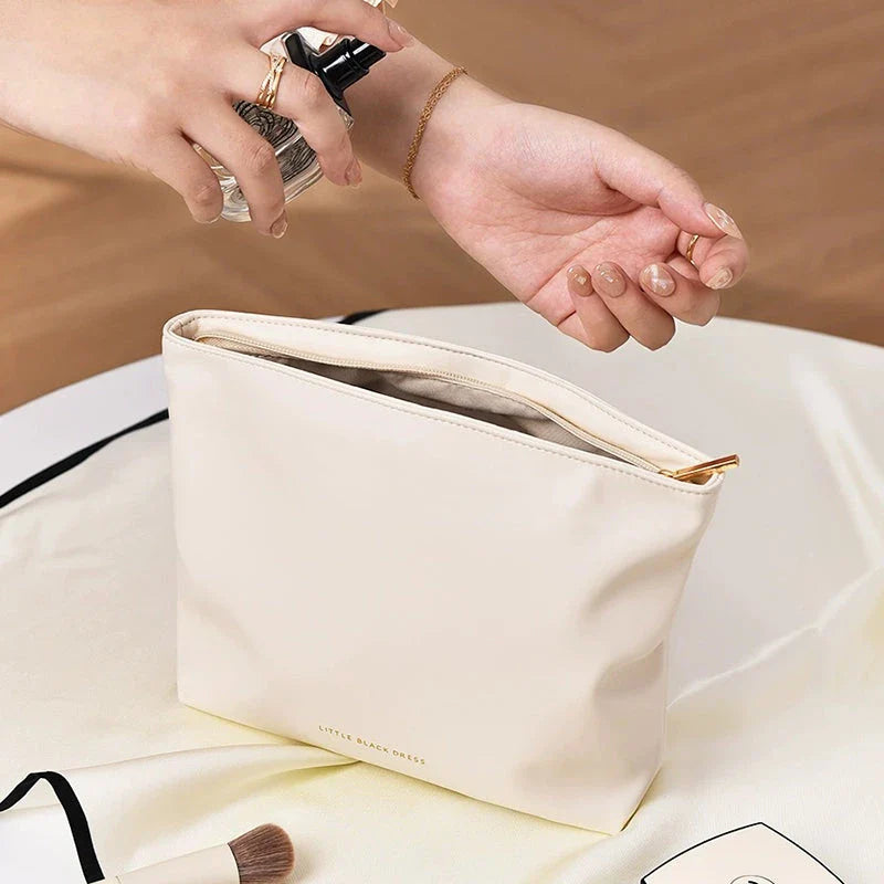 Eco-Friendly Multi-Purpose PU Organizer Bag in White and Brown Colors, Featuring Specialized Compartments for Organized Storage