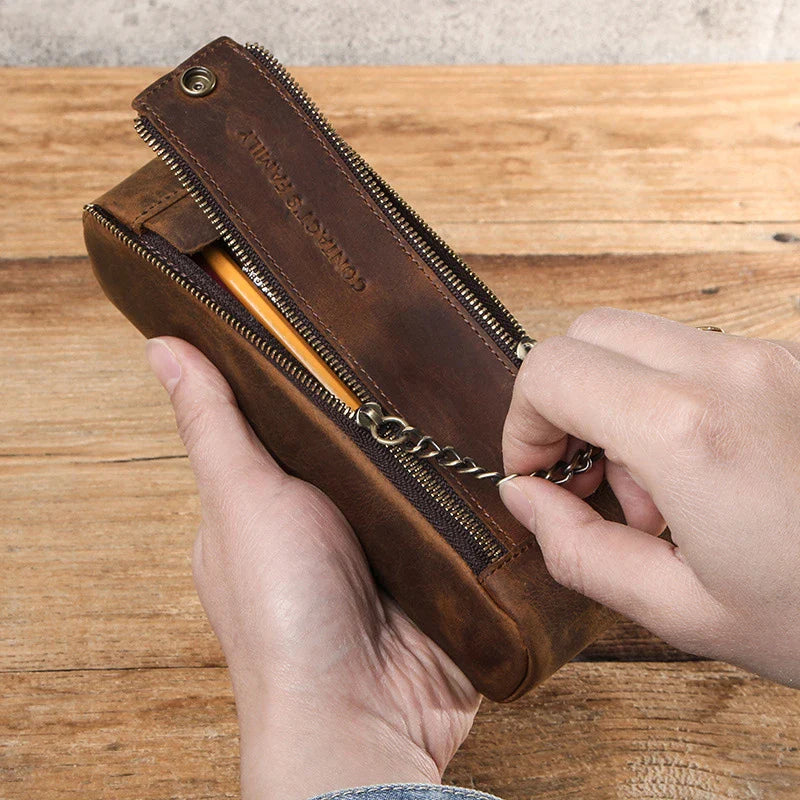 Premium Crazy Horse leather wallet with double zip closure, offering large capacity and a compact, versatile design for everyday use.