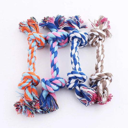 Chew-tastic braided cotton dog toy in the shape of a bone, available in brown and grey colours