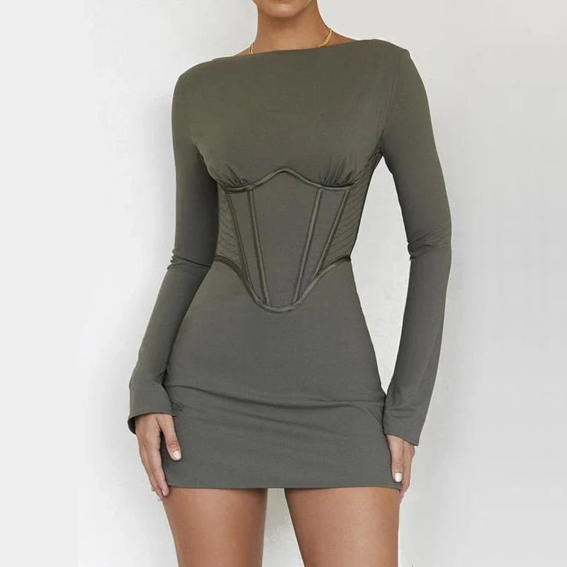 Stylish backless mini dress in green, featuring full sleeves and a flattering fit for the modern Kiwi woman