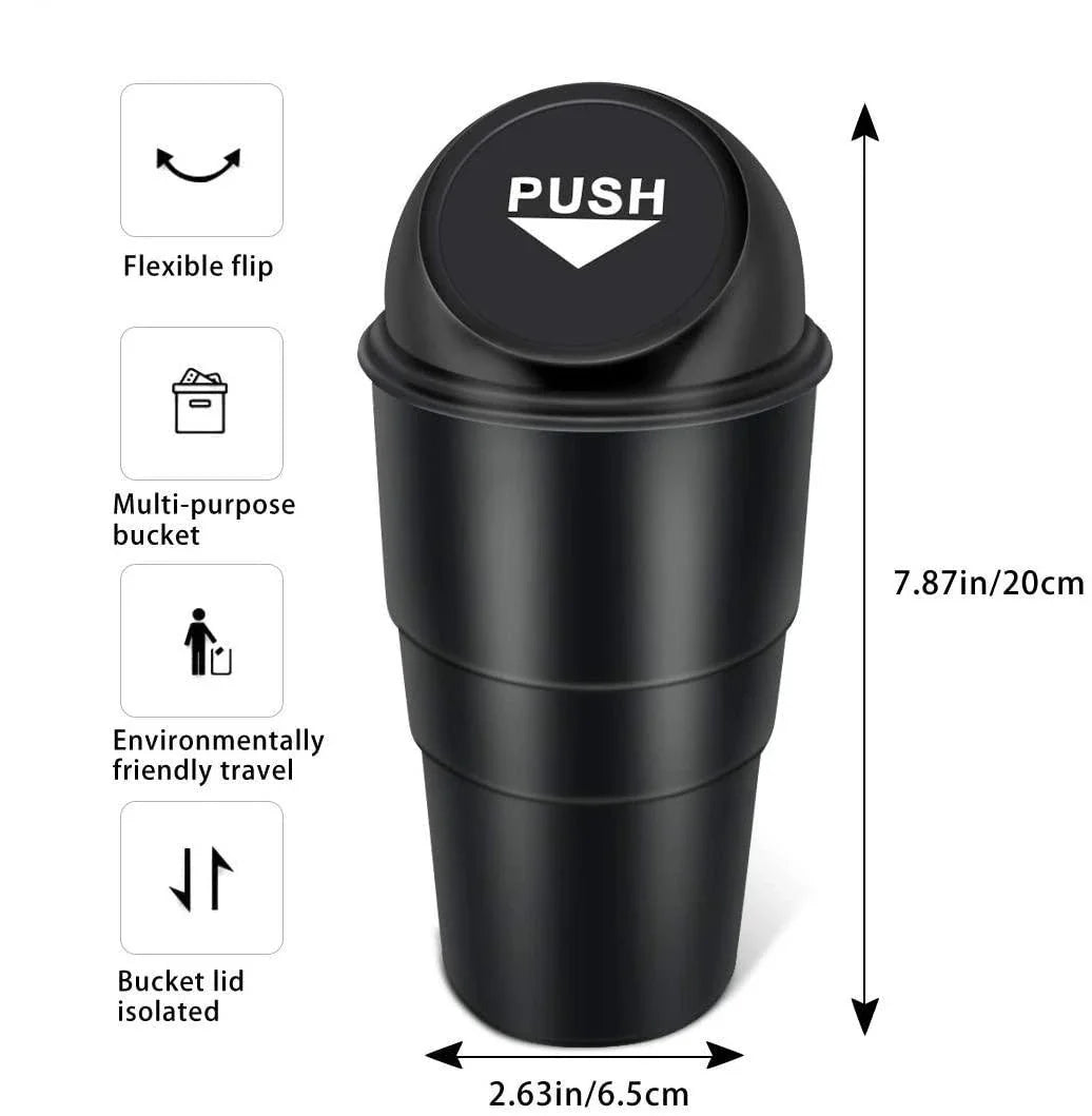 Compact in-car rubbish bin made of durable ABS plastic, designed to fit in car cup holders and keep vehicles clean and organised