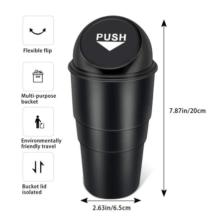 Compact in-car rubbish bin made of durable ABS plastic, designed to fit in car cup holders and keep vehicles clean and organised