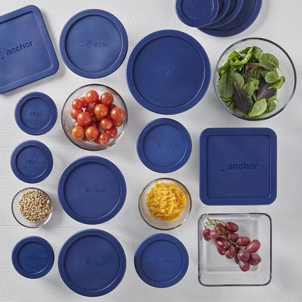 30-piece glass food storage containers with navy blue lids, perfect for meal prep, leftovers, and kitchen organization